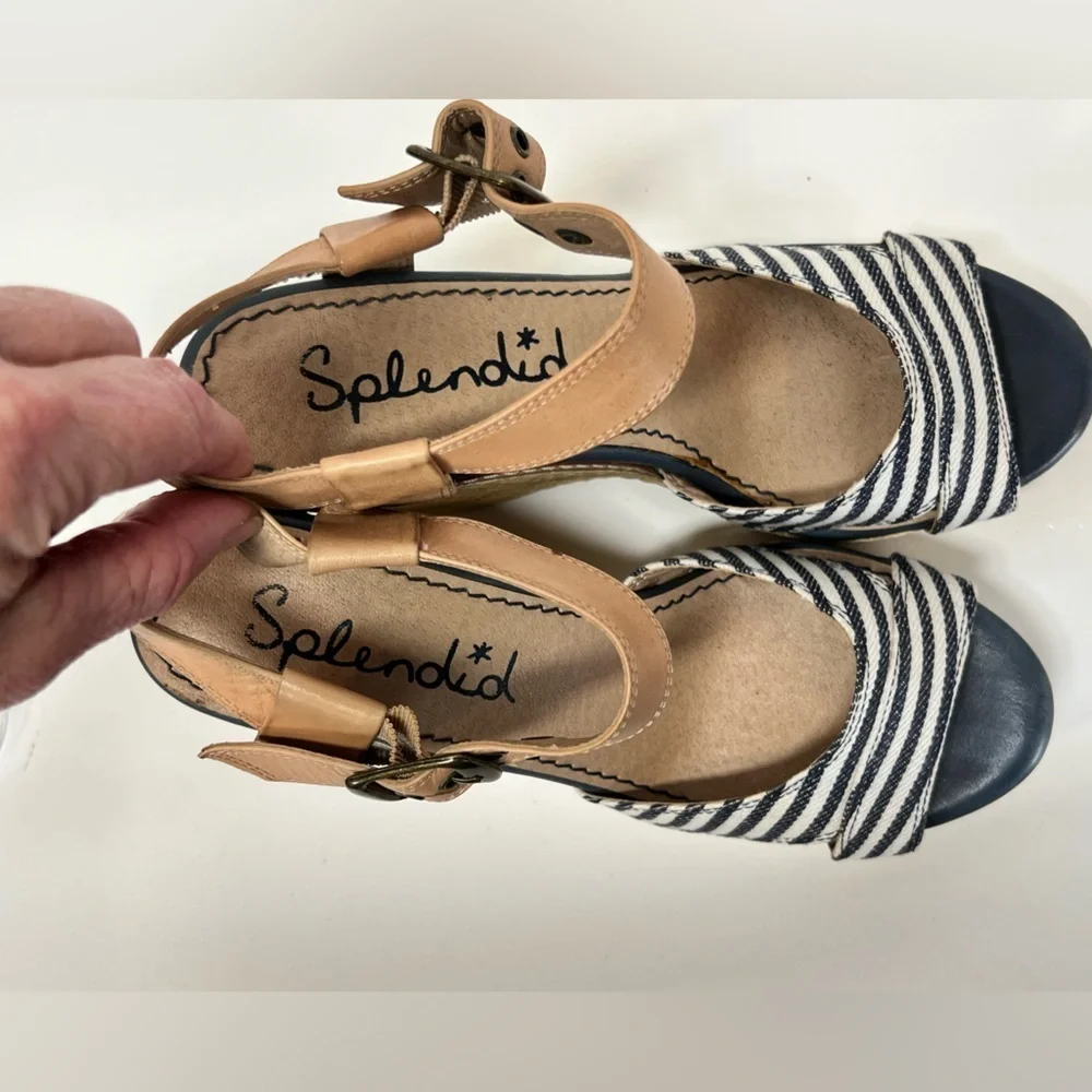 SPLENDID Tan with Blue and white stripe wedge sandals size 7.